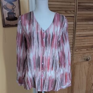 J. Jill Rose Pink and Brown Striped Button-Down V-Neck Shirt Cotton/Silk Sz L